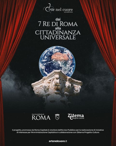 Dai 7 Re di Roma alla cittadinanza universale: un globo terrestre su un capitello romano, tra le quinte rosse di un sipario. Con il contributo di Roma Capitale e Zètema.
